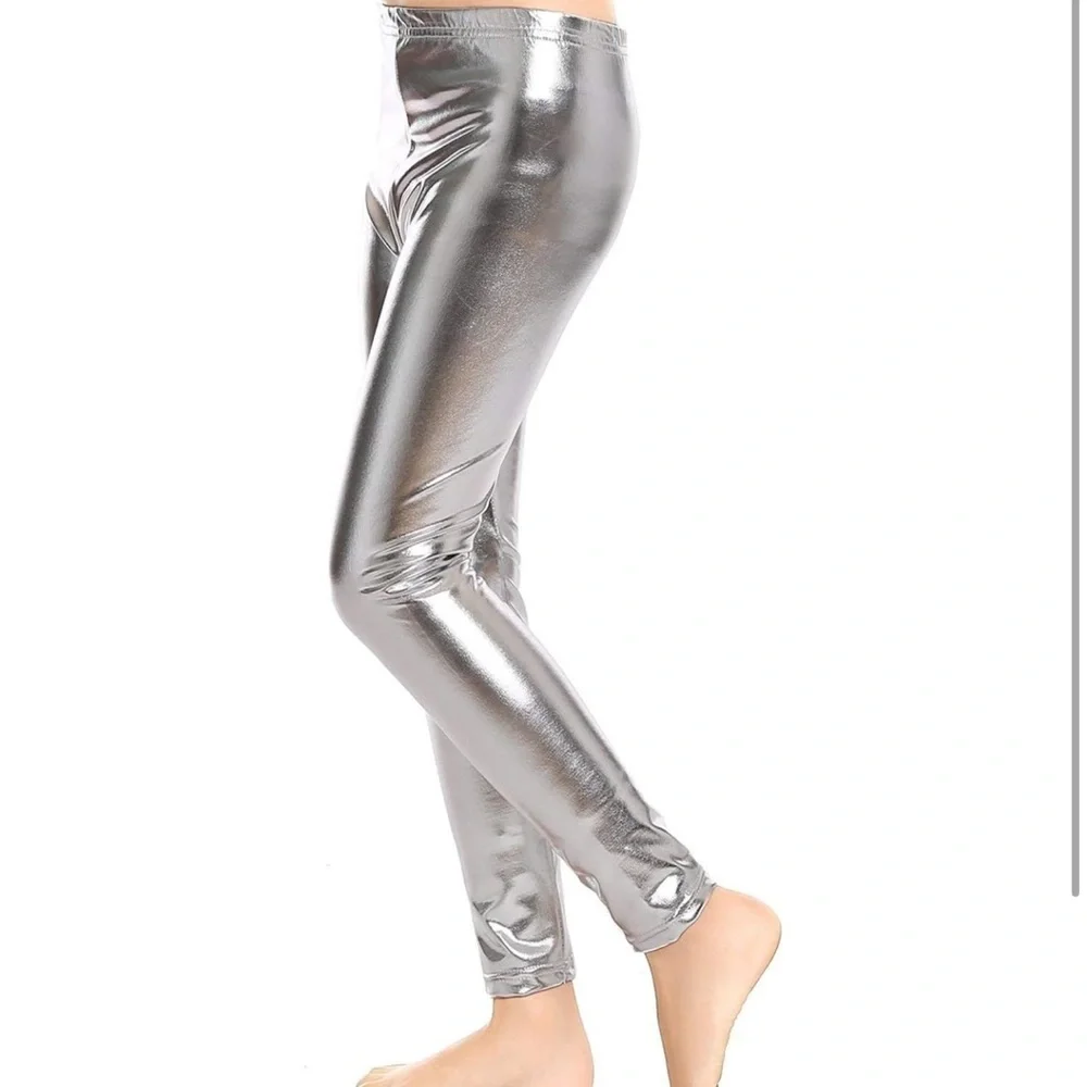 Girls' silver Metallic disco Shiny Stretch Leggings size medium
